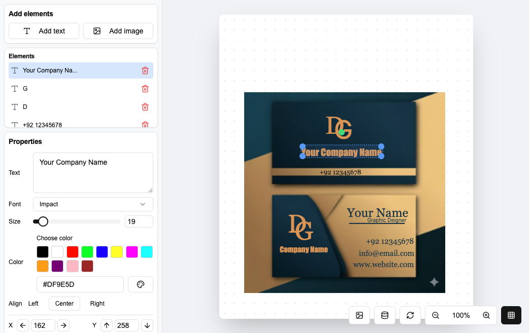 Business card customization preview